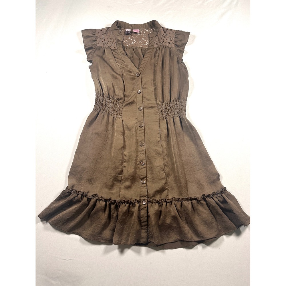 Love On A Hangerโ Brown Lace Yoke Smocked Waist Ruffle Hem Mini Dress Medium